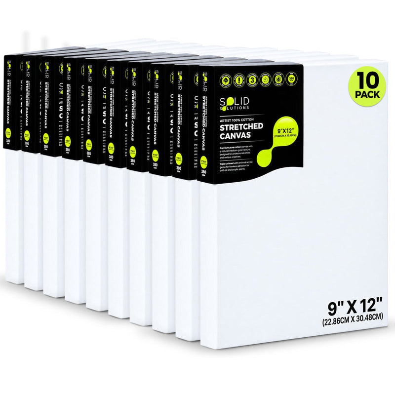 9 x 12 inch Stretched Canvas 10 Pack, 10 gallery-wrapped 380 GSM triple-primed cotton canvases with 38mm deep edge