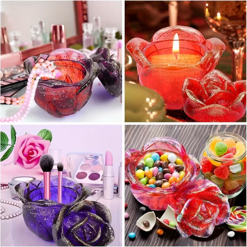 Rose flower storage jars cast in the silicone mould, shown in different uses