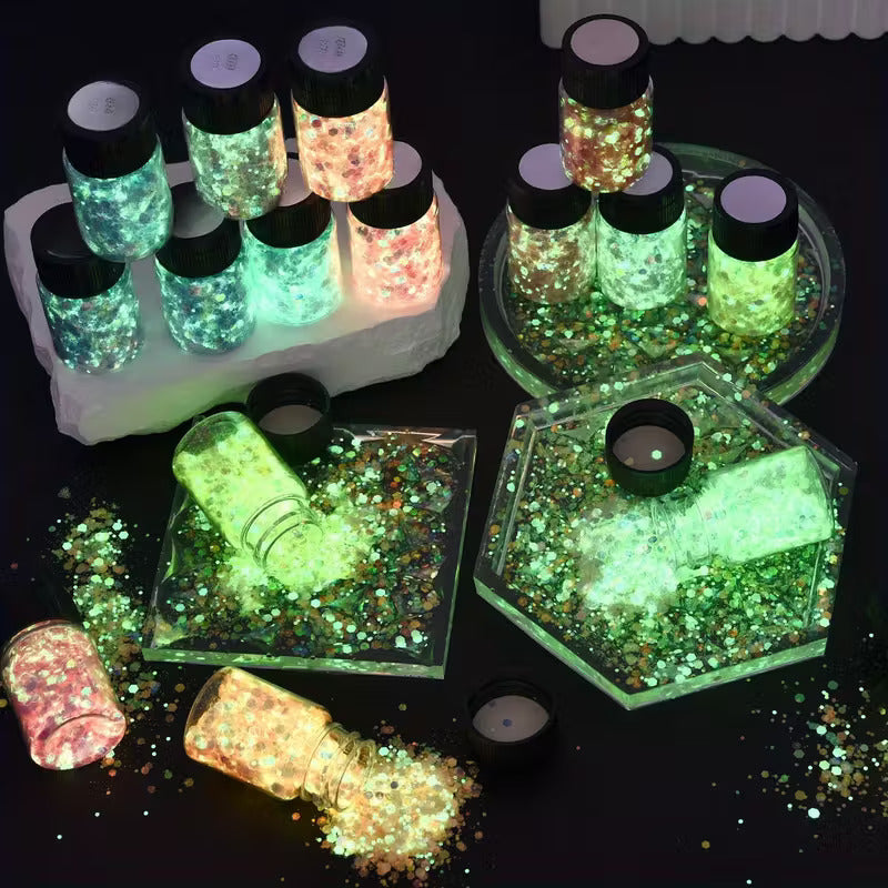 Solid Solutions Glow in the Dark Glitter Set – 12pk — 12 jars of photoluminescent glitter, 12g each, 144g total