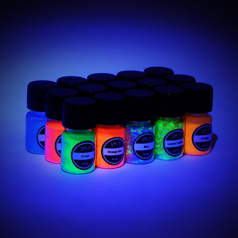 Solid Solutions Glow in the Dark Pigment Powder & Glitter 15 Pack — 12 pigment powders and 3 glitters, 10g jars, 150g total