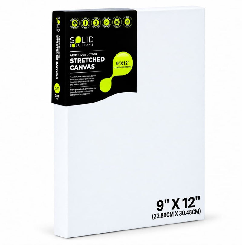 9 x 12 inch Stretched Canvas, 380 GSM triple-primed cotton, 38mm deep edge