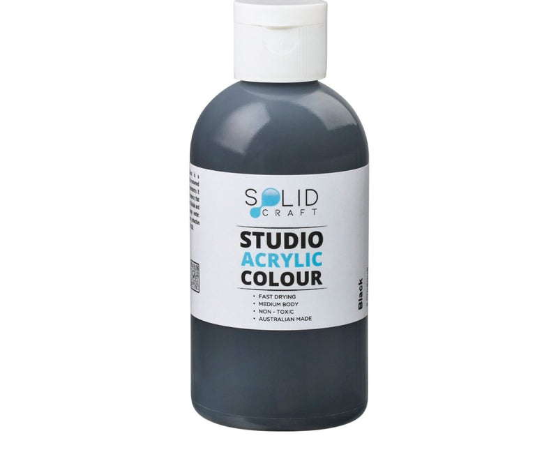 250ml bottle of Solid Craft Studio Acrylic Paint in Black, showing the product label