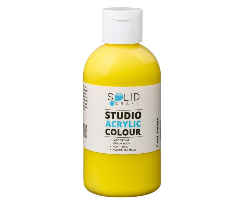 250ml bottle of Solid Craft Studio Acrylic Paint in Cool Yellow, showing the product label