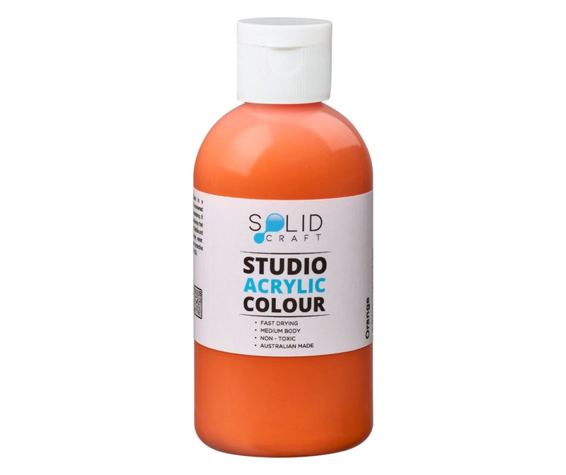 250ml bottle of Solid Craft Studio Acrylic Paint in Orange, showing the product label
