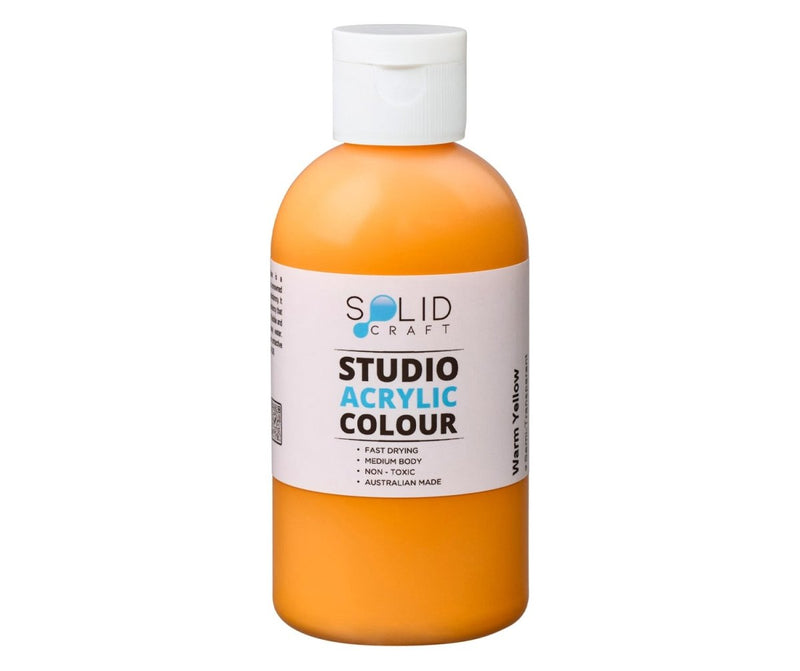 250ml bottle of Solid Craft Studio Acrylic Paint in Warm Yellow, showing the product label