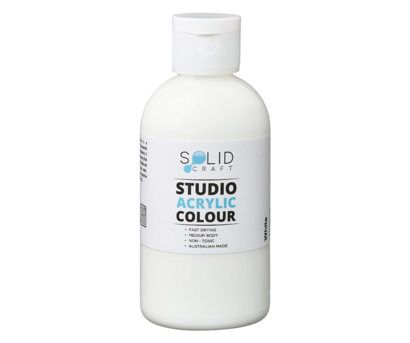 250ml bottle of Solid Craft Studio Acrylic Paint in White, showing the product label