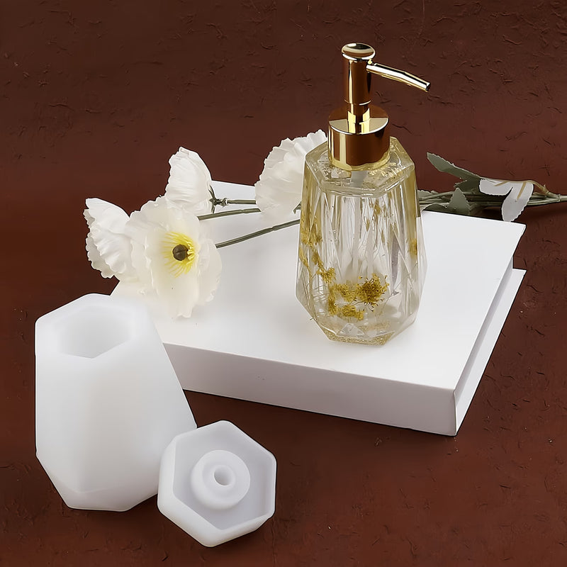 Diamond shape soap dispenser silicone mould with a finished dispenser
