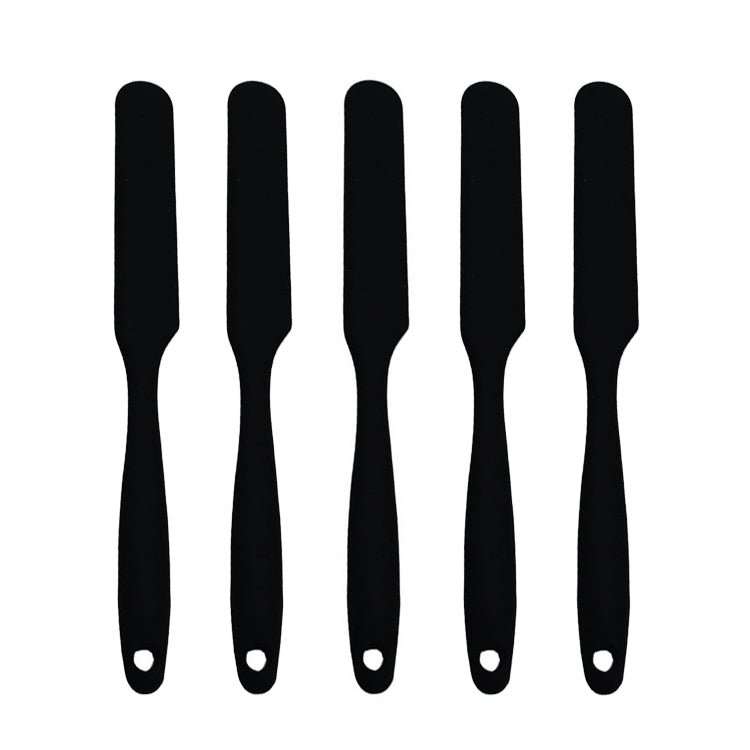 Set of 5 black silicone resin mixing sticks, 24cm long, laid out together