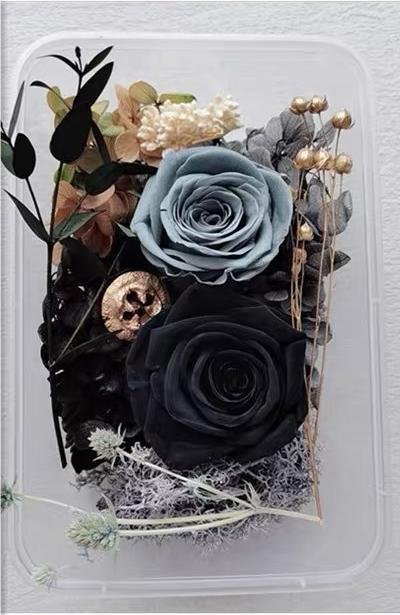 1 x Box Large Mixed 3D Dried Black & Silver Roses with Black Neutral Accents