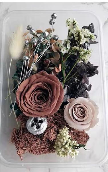 1 x Box Large Mixed 3D Dried Blush Roses, Bunny Tails with Blush, Silver & Green Accents