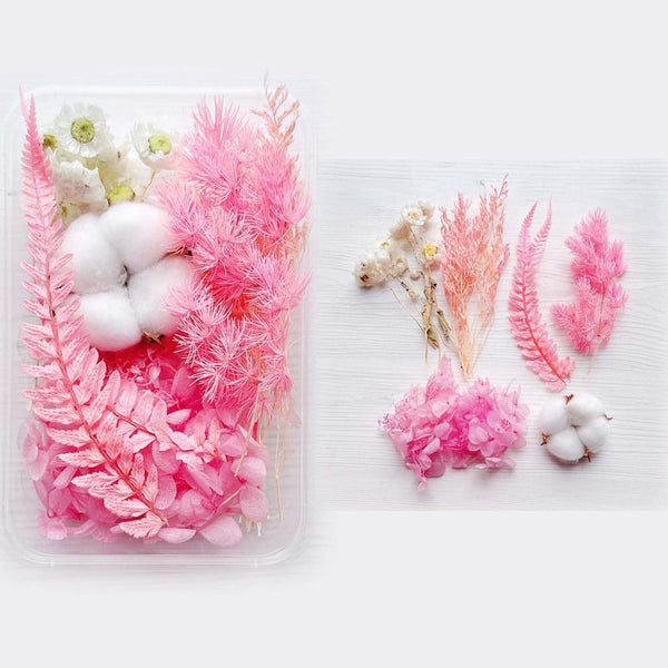 1 x Box Mixed 3D Dried Pink Flowers, Cotton Boll, Ferns & Accents