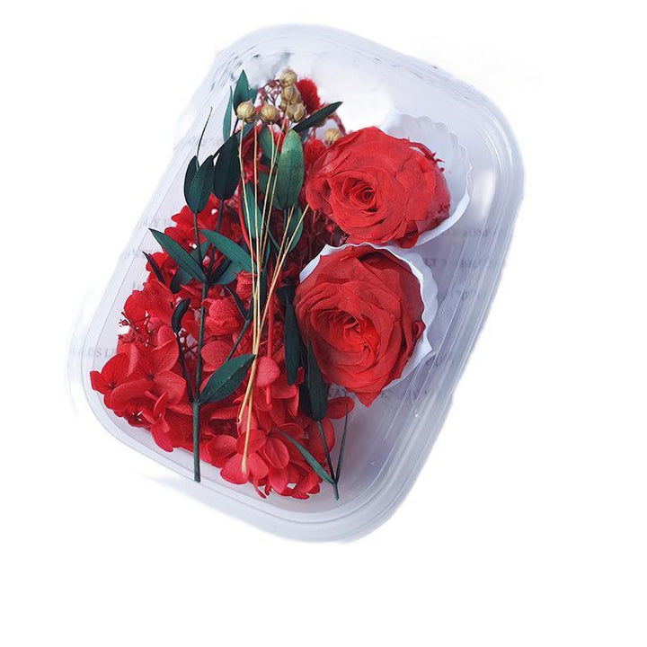 1 x Box Mixed 3D Dried Red Roses with Red & Green Flower Accents