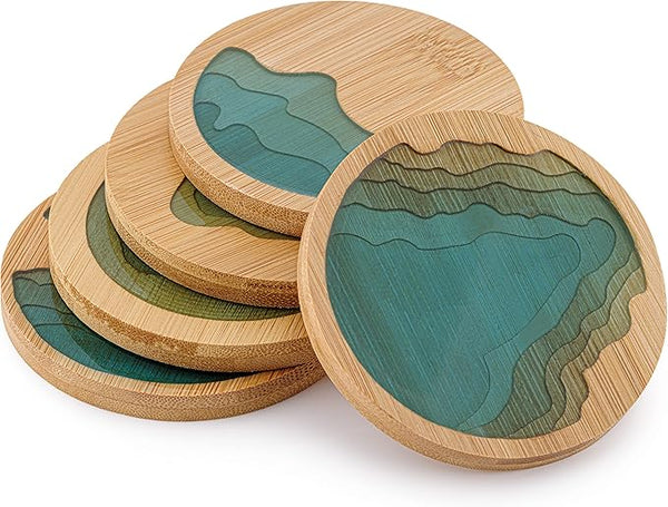 Resin Art - 1 x Wooden Bamboo Round Coaster with River Design 9.1cm x 9.1cm