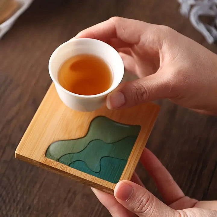 Resin Art - 1 x Wooden Bamboo Square Coaster with River Design 9.1cm x 9.1cm