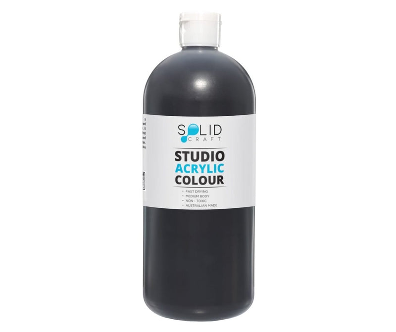 1 Litre bottle of Solid Craft Studio Acrylic Paint in Black, showing the product label