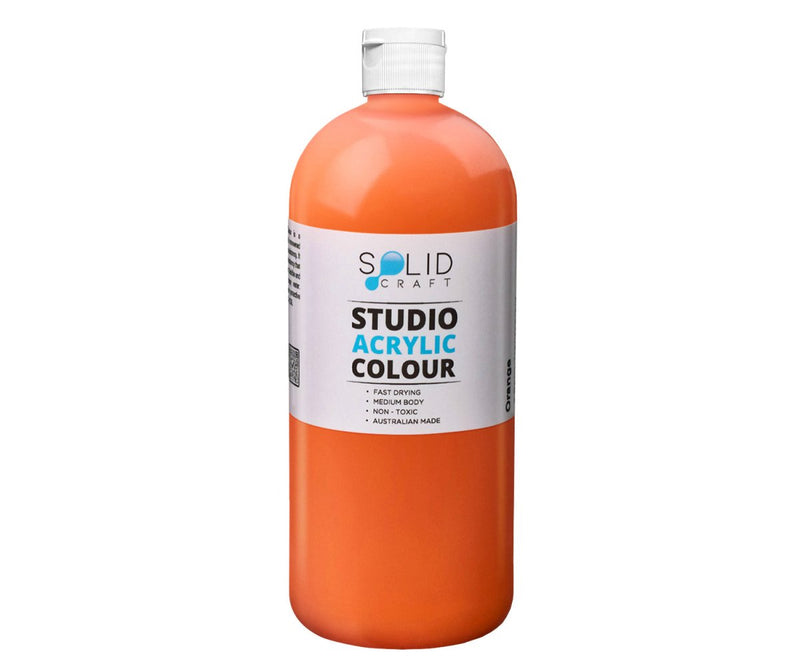 1 Litre bottle of Solid Craft Studio Acrylic Paint in Orange, showing the product label