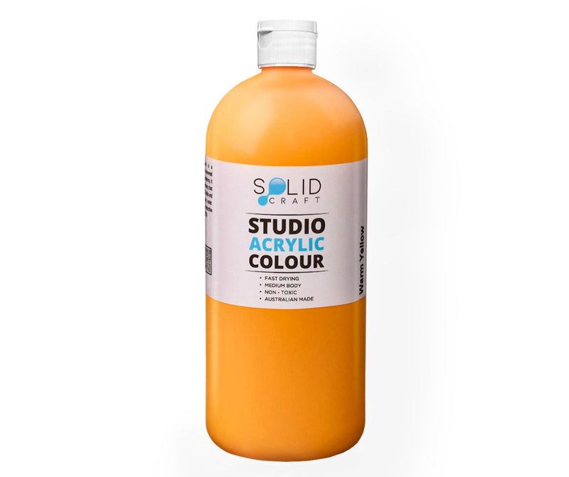 1 Litre bottle of Solid Craft Studio Acrylic Paint in Warm Yellow, showing the product label