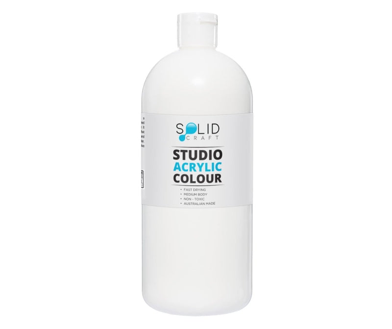 1 Litre bottle of Solid Craft Studio Acrylic Paint in White, showing the product label