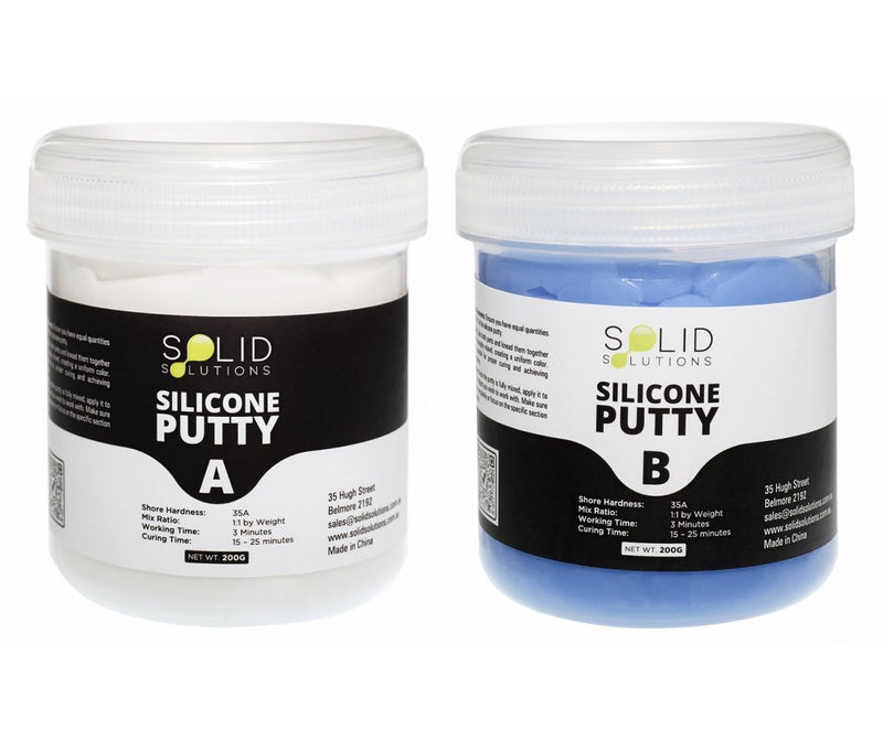 Two jars of Solid Solutions Silicone Putty 1:1 Mould Maker, Part A (white) and Part B (blue), 200g each for a 400g kit