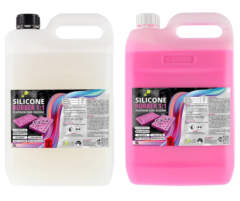 Silicone Rubber 1:1 Mould Maker 10L kit, two 5L jerry-can style bottles with handles showing Part A and Part B platinum cure silicone