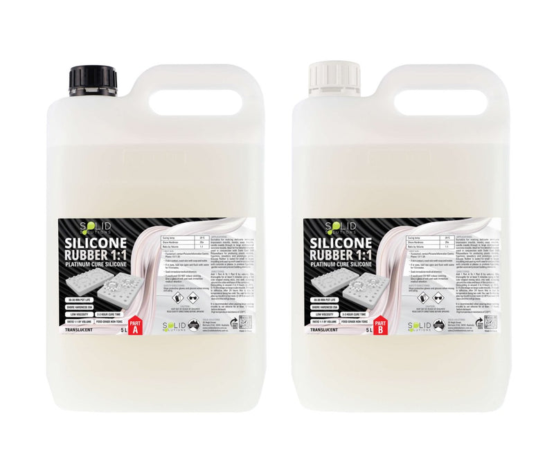 Silicone Rubber 1:1 Mould Maker Translucent 10L kit, two 5L bottles with handles showing Part A and Part B platinum cure silicone