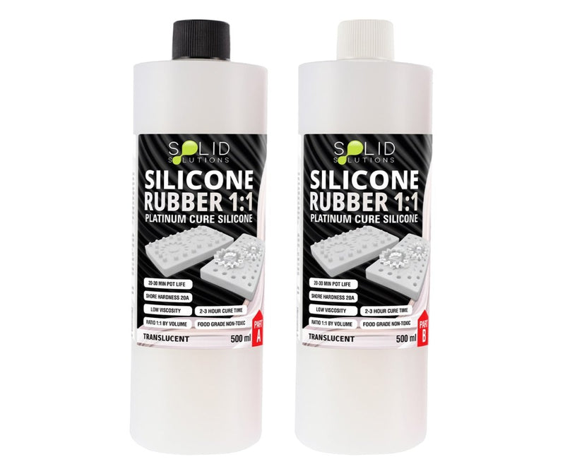 Silicone Rubber 1:1 Mould Maker Translucent 1L kit, two 500mL bottles showing Part A and Part B platinum cure silicone
