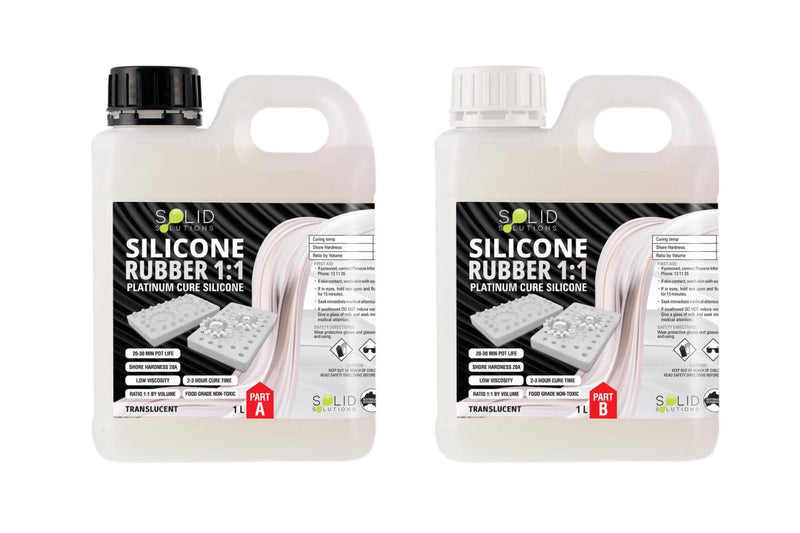 Silicone Rubber 1:1 Mould Maker Translucent 2L kit, two 1L bottles with handles showing Part A and Part B platinum cure silicone