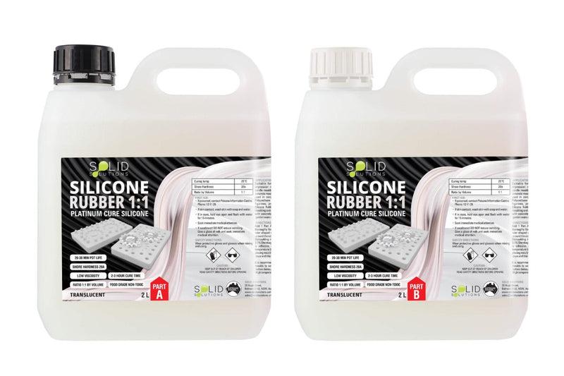Silicone Rubber 1:1 Mould Maker Translucent 4L kit, two 2L bottles with handles showing Part A and Part B platinum cure silicone