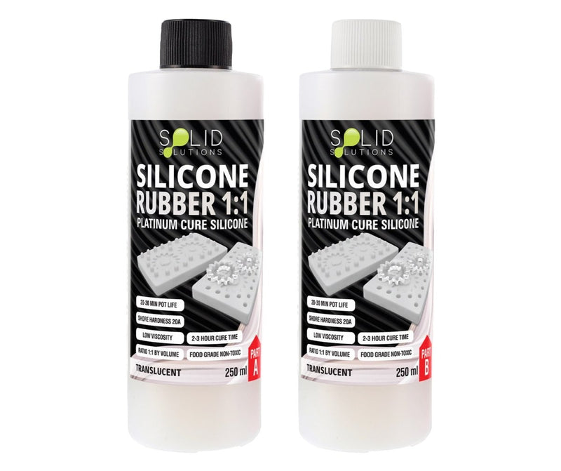 Silicone Rubber 1:1 Mould Maker Translucent 500mL kit, two 250mL bottles showing Part A and Part B platinum cure silicone